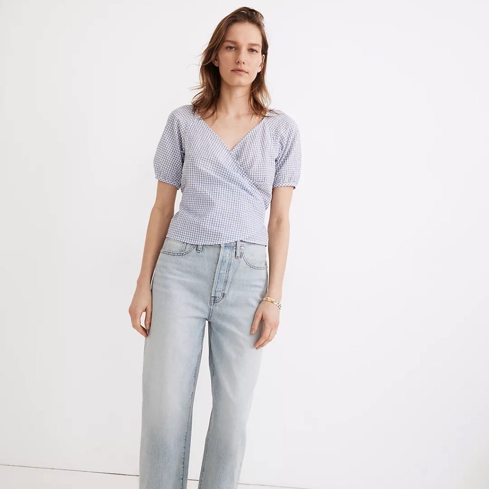 Madewell Gingham Seersucker Puff-Sleeve Wrap Crop Top